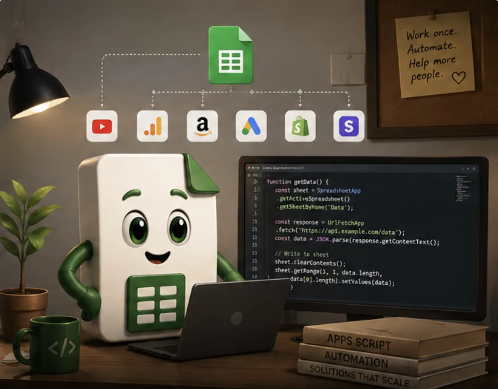 The BrilSheet mascot at a desk, connecting YouTube, Analytics, Amazon, Ads, Shopify and Stripe to a Google Sheet